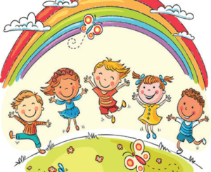 Disegno di bambini che saltano sotto arcobaleno