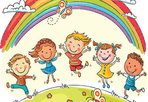 Disegno di bambini che saltano sotto arcobaleno